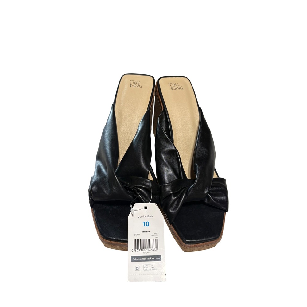 Time and Tru Womens Black Twist Strap Cork Wedge Sandals Square Toe Mules